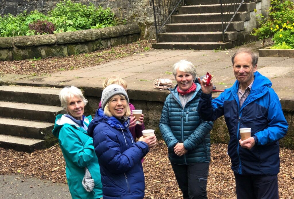 Four of the eighteen happy Campsie Countryside walkers - who enjoyed The Fells Coffee at The Station, while listening to Campsie Folk at the end of their ramble.